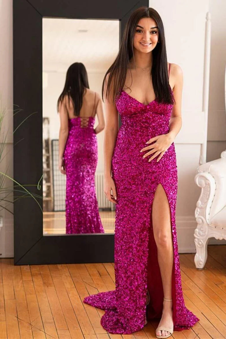 Vestido de fiesta largo de sirena con lentejuelas y abertura